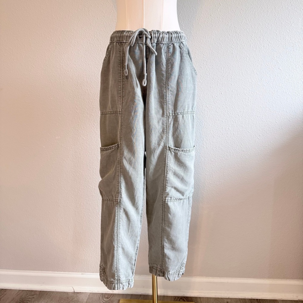 C&C California Womens Linen Blend Cargo Pants Green Relaxed Utility Hiking Large